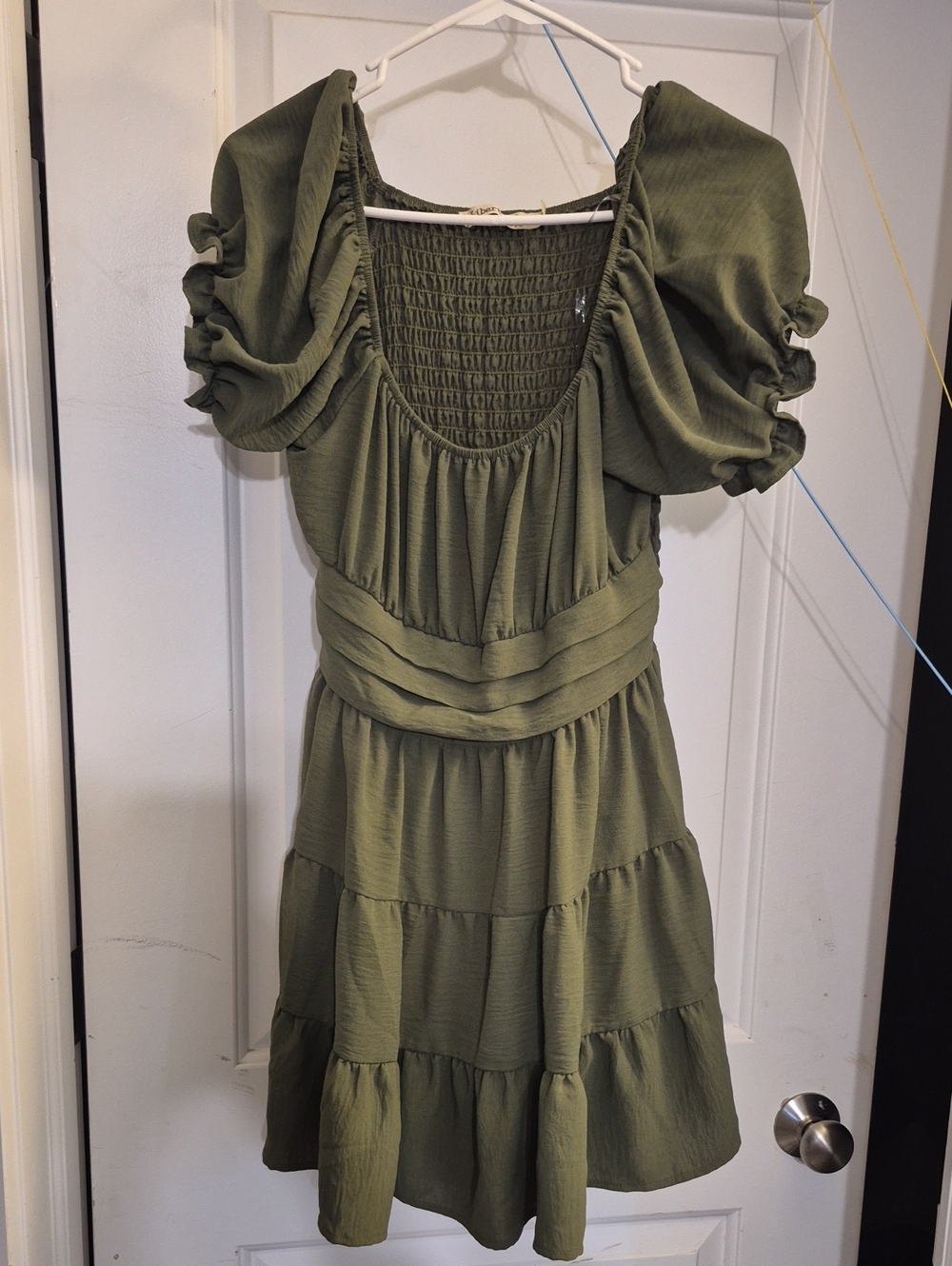 Liberty Love Olive Green Puff-Sleeve Tiered Midi Dress